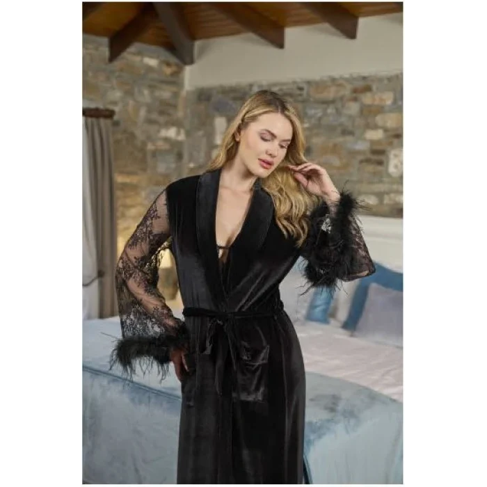 Aqua 26353 Dantelli Ve Ortişli Kadife Sabahlık