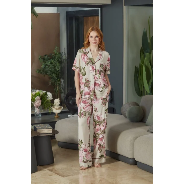 Aqua 26546 Kadın Desenli Düğmeli Kısa Kol Pijama Takım