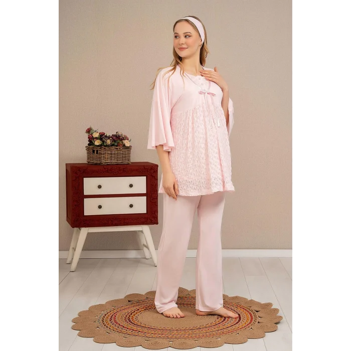 Ba-Ha 4504 Dantel Sabahlıklı Lohusa Pijama Takımı