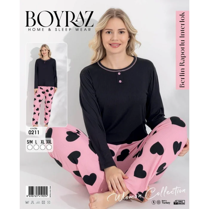 Boyraz 0211 Kadın Raporlu Uzun Kol Pijama Takımı