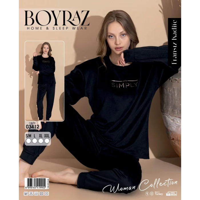 Boyraz 03412 Fransız Kadife Kumaş Uzun Kol Pijama Takımı