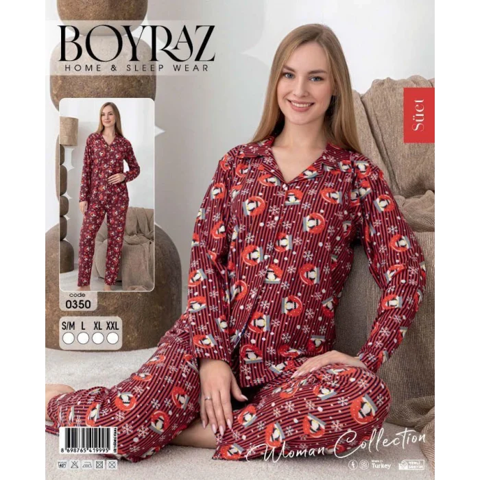 Boyraz 0350 Kadın Süet Patlı Uzun Kol Pijama Takımı