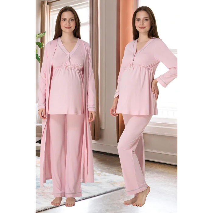 Effortt 4054 Biye Detaylı Sabahlıklı Lohusa Pijama Takımı