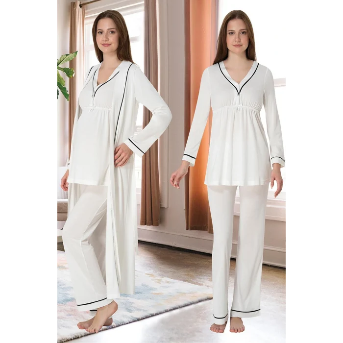 Effortt 4054 Biye Detaylı Sabahlıklı Lohusa Pijama Takımı