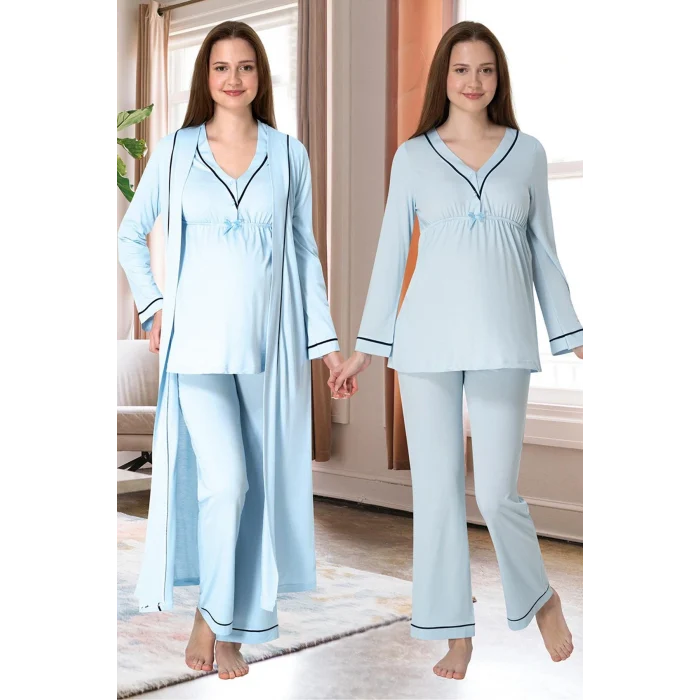 Effortt 4054 Biye Detaylı Sabahlıklı Lohusa Pijama Takımı