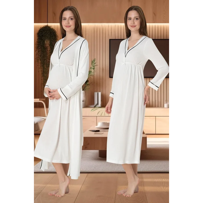 Effortt 4055 Biye Detaylı Sabahlıklı Lohusa Gecelik Takımı