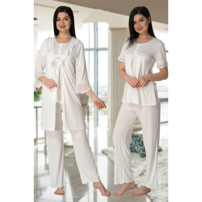 Effortt 4074 Kolları Volanlı Sabahlıklı Lohusa Pijama Takımı