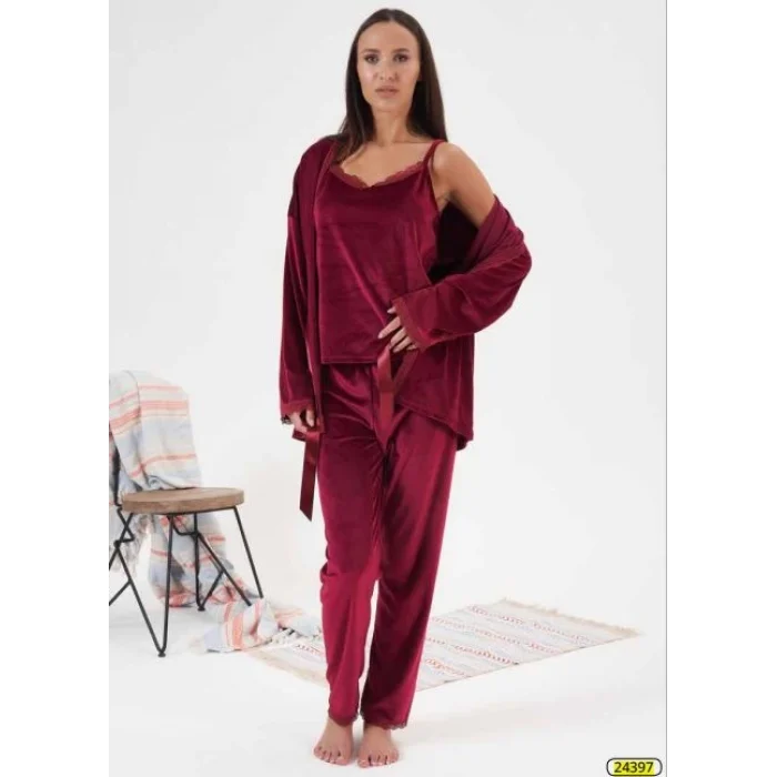 Estiva 24397 Bayan Kadife 3lü Pijama Takım