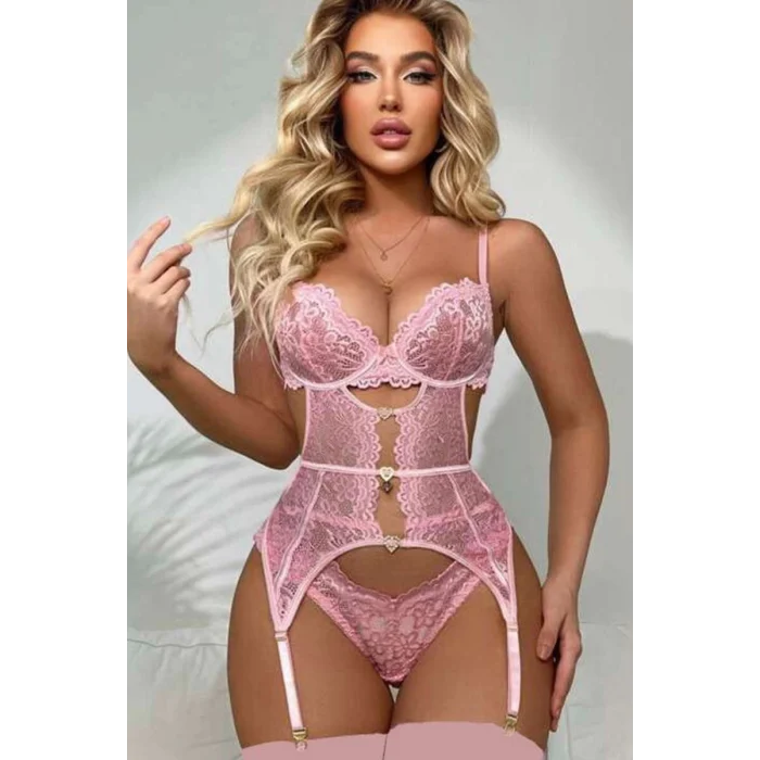 For Dreams 8465 Dantelli Kalp Aksesuar Detaylı Jartiyerli Büstiyer Çorap Takım