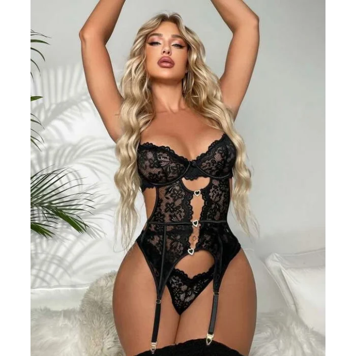 For Dreams 8465 Dantelli Kalp Aksesuar Detaylı Jartiyerli Büstiyer Çorap Takım