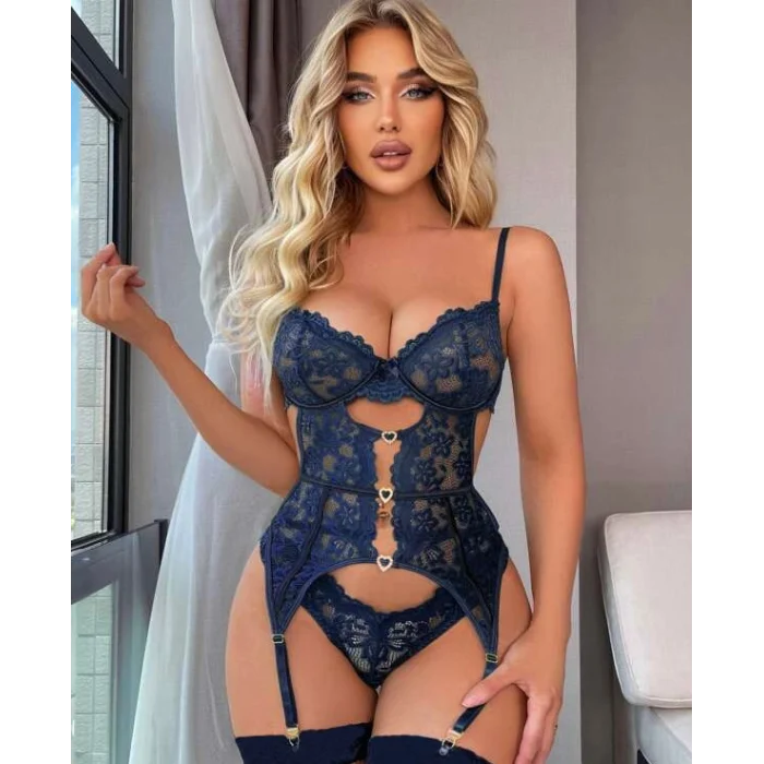 For Dreams 8465 Dantelli Kalp Aksesuar Detaylı Jartiyerli Büstiyer Çorap Takım