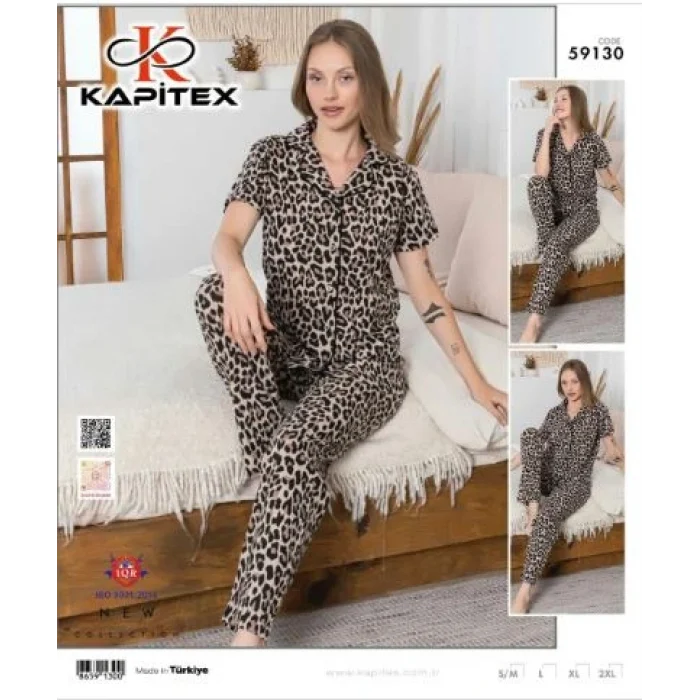 Kapitex 59130 Kadın Leoparlı Kısa Kol Pijama Takımı