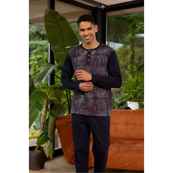 Kocabey 8053 Erkek Midi Yaka Uzun Kollu Pijama Takımı