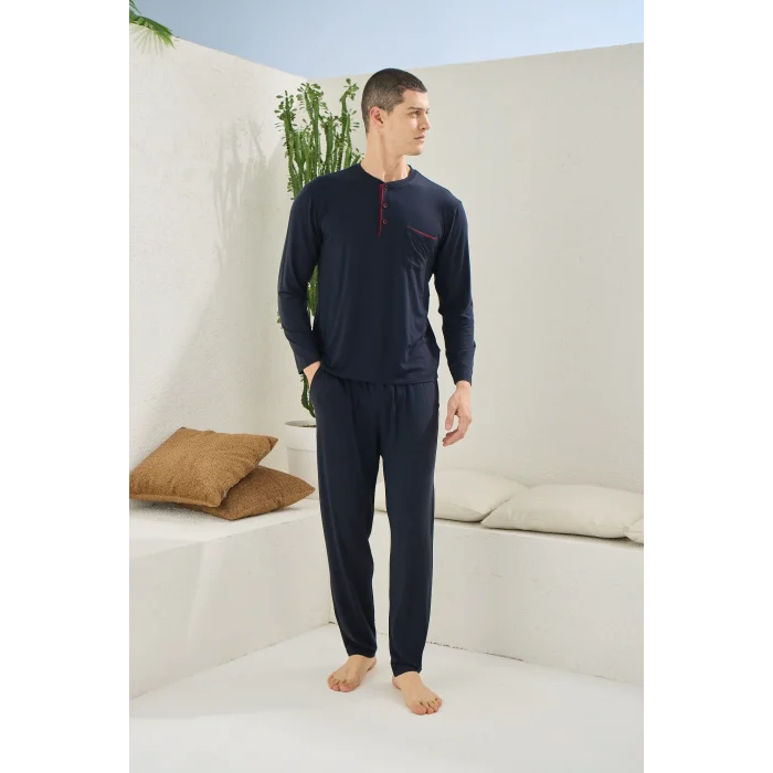 Kocabey 9220 Erkek Midi Yaka Uzun Kol Pijama Takım