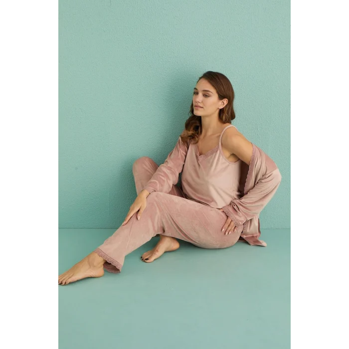 Mihra 13402 Kadın Kadife 3Lü Pijama Takımı