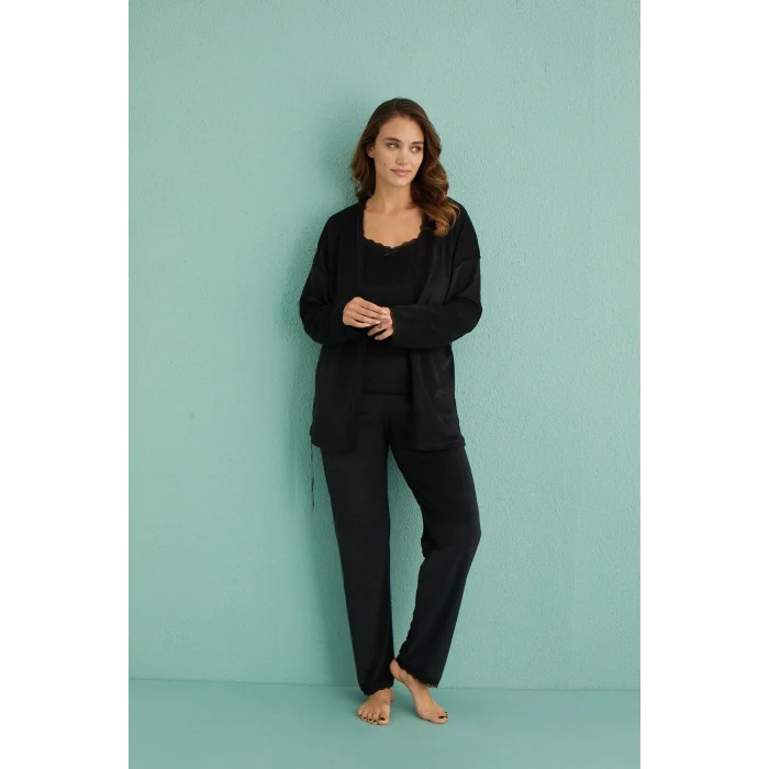 Mihra 13402 Kadın Kadife 3Lü Pijama Takımı