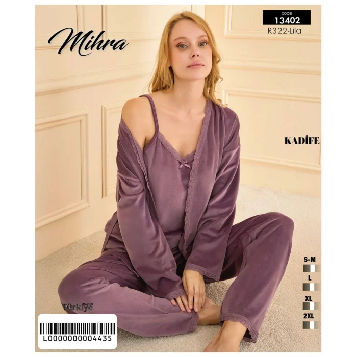 Mihra 13402 Kadın Kadife 3Lü Pijama Takımı