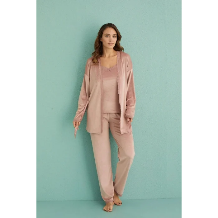Mihra 13402 Kadın Kadife 3Lü Pijama Takımı