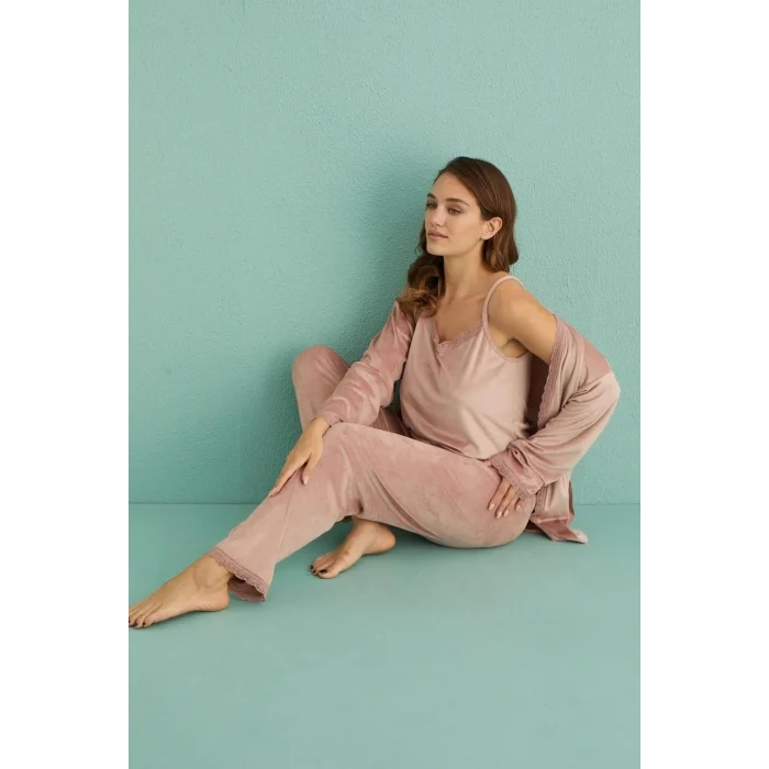 Mihra 13402 Kadın Kadife 3Lü Pijama Takımı