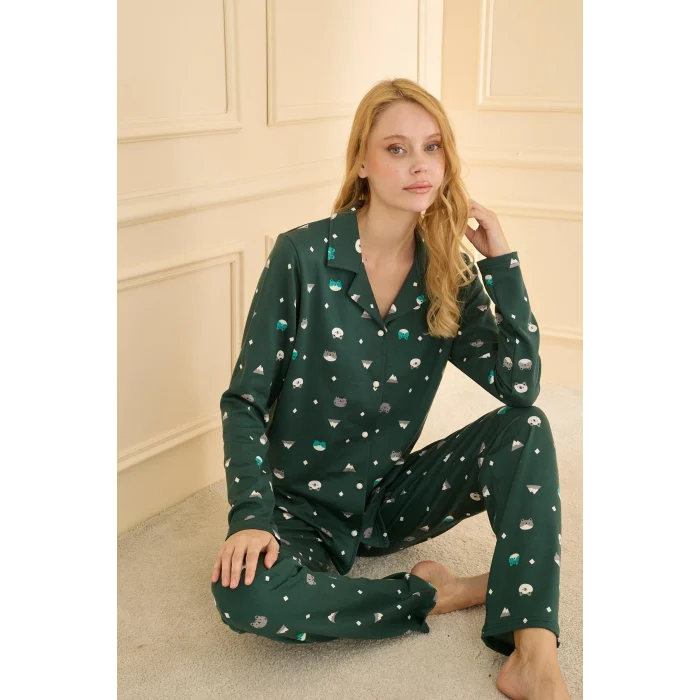 Mihra 19103 Kadın Düğmeli Uzun Kol Pijama Takımı