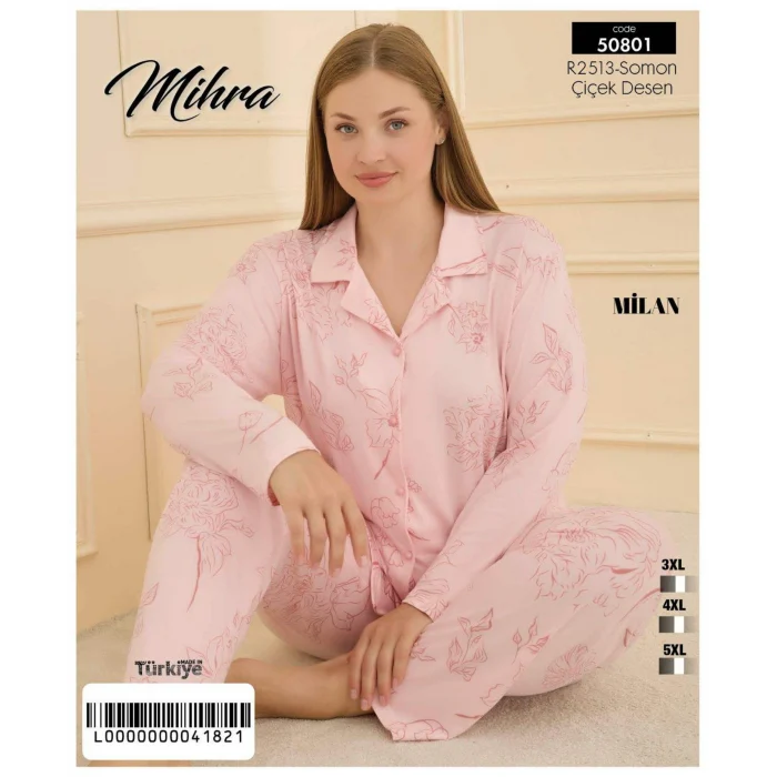 Mihra 50801 Kadın Düğmeli Battal Pijama Takımı