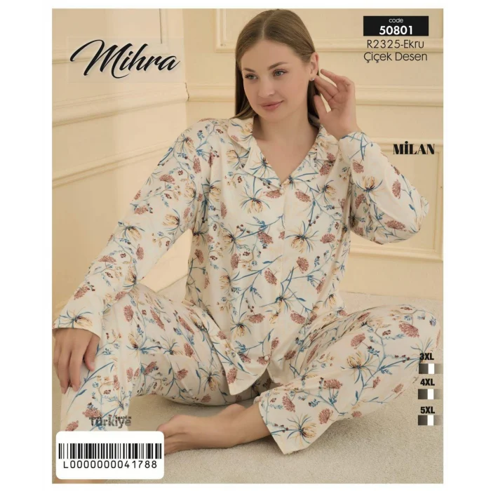 Mihra 50801 Kadın Düğmeli Battal Pijama Takımı
