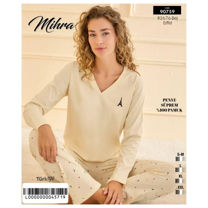 Mihra 90759 Kadın V Yaka Uzun Kol Pijama Takımı