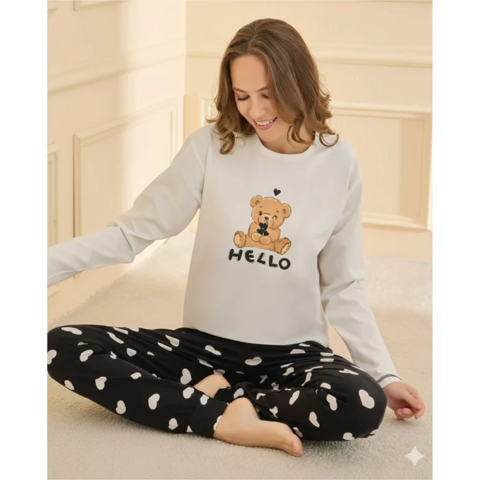 Mihra 90781 Kadın Ayıcıklı Uzun Kol Pijama Takımı