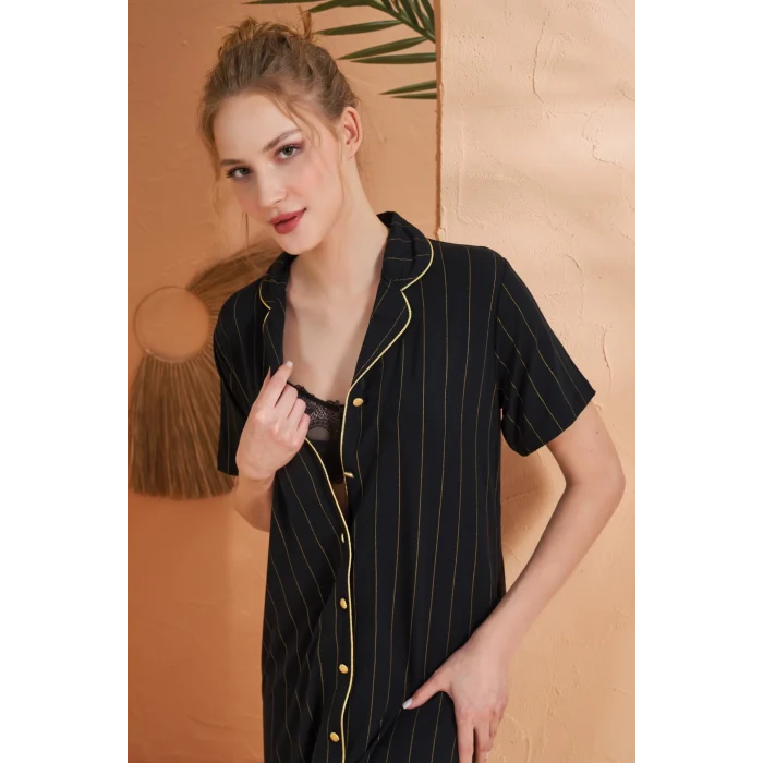 Pjs 27043 Kadın Kısa Kol Çizgili Önü Düğmeli Gecelik