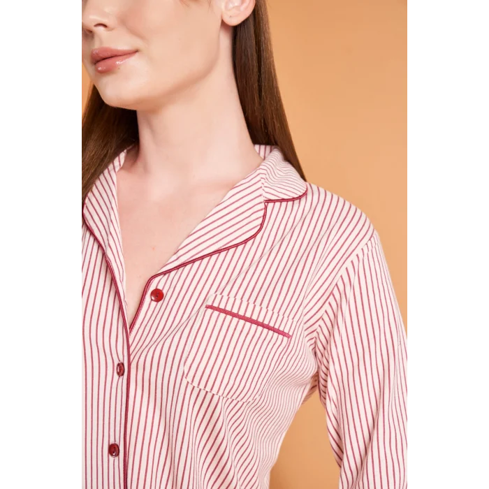 PJS 28001 Kadın Uzun Kol Çizgili Önü Düğmeli Pijama Takım