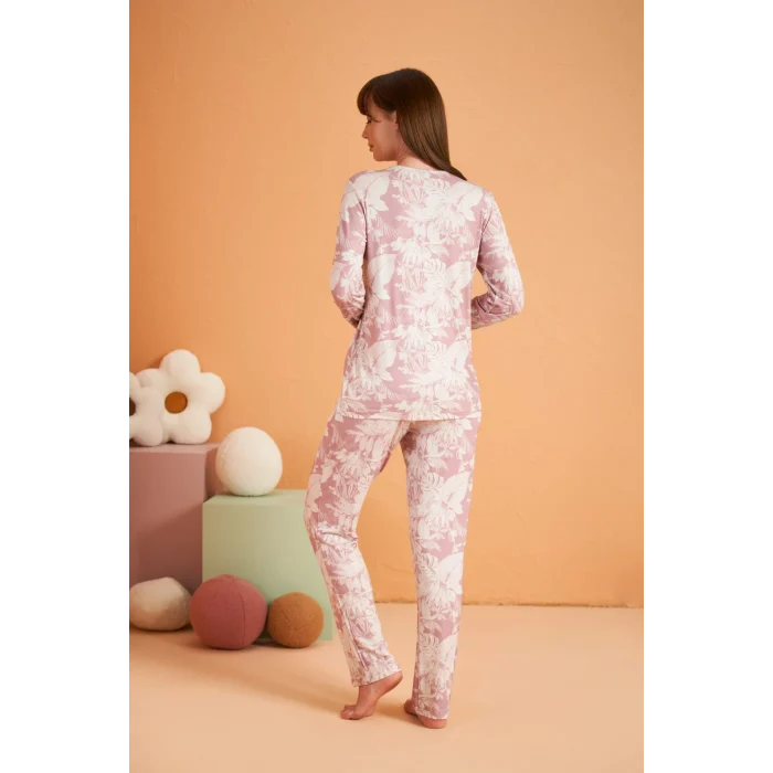 PJS 28017 Kadın Uzun Kol Önü Düğmeli Pijama Takım