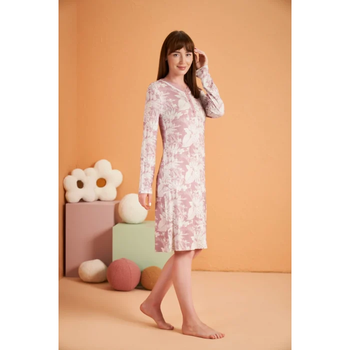 PJS 28019 Kadın Uzun Kol Desenli Gecelik