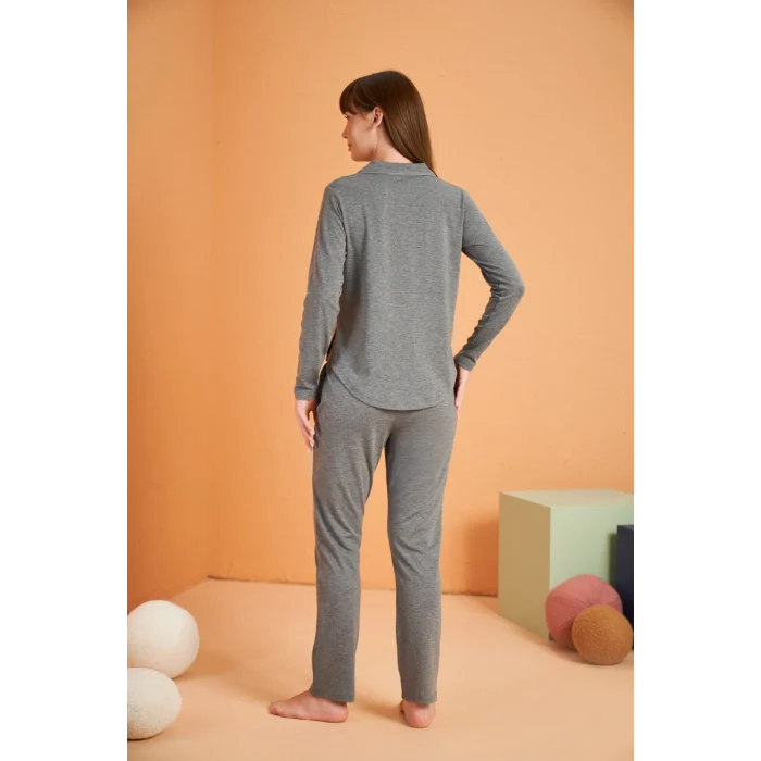 PJS 28049 Kadın Uzun Kol Önü Düğmeli Pijama Takım