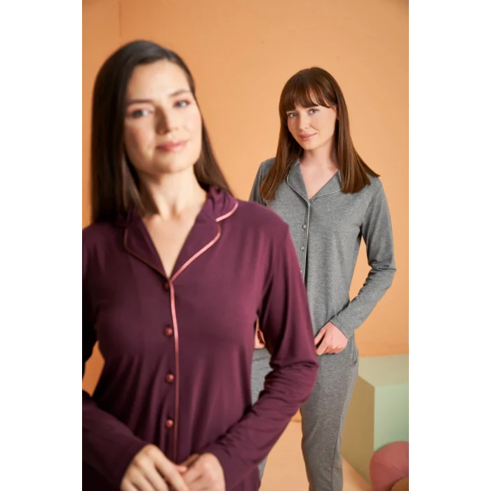 PJS 28049 Kadın Uzun Kol Önü Düğmeli Pijama Takım