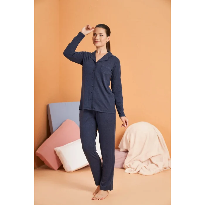 PJS 28090 Kadın Gömlek Yaka Patlı Pijama Takımı