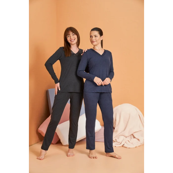 Pjs 28091 Kadın Uzun Kol V Yaka Pijama Takımı
