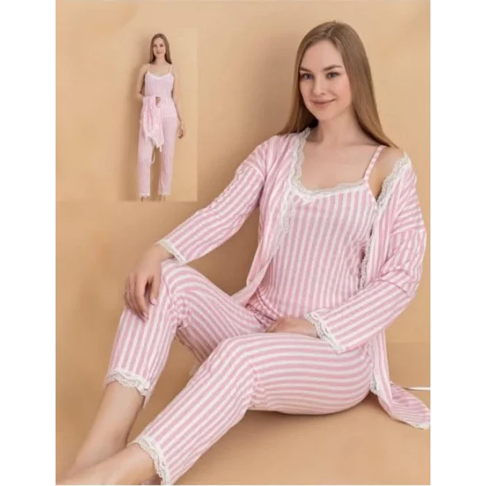 Stil Moda 6064 Kadın Çizgili Askılı Sabahlıklı Pijama Takımı