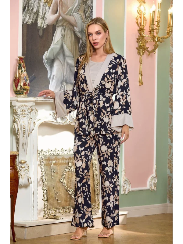 Aqua 25197 Saten Desenli Sabahlıklı 3lü Pijama Takımı