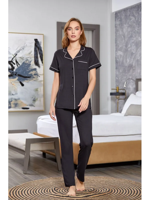Aqua 25526-K Kadın Kısa Kol Önü Düğmeli Pijama Takım
