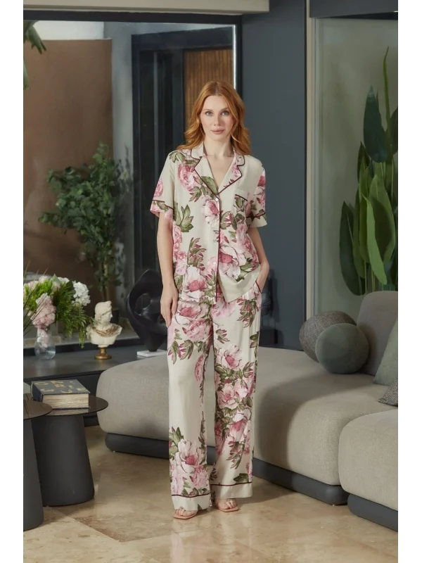 Aqua 26546 Kadın Desenli Düğmeli Kısa Kol Pijama Takım
