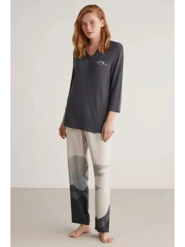 Nautıca W604 Kadın Patlı V Yaka Uzun Kollu Pijama Takımı