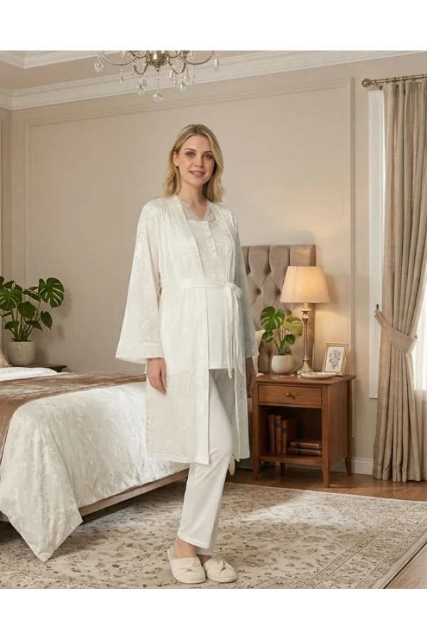 Bone 6201 Kadın Jakar Saten Sabahlıklı Lohusa Pijama Takımı