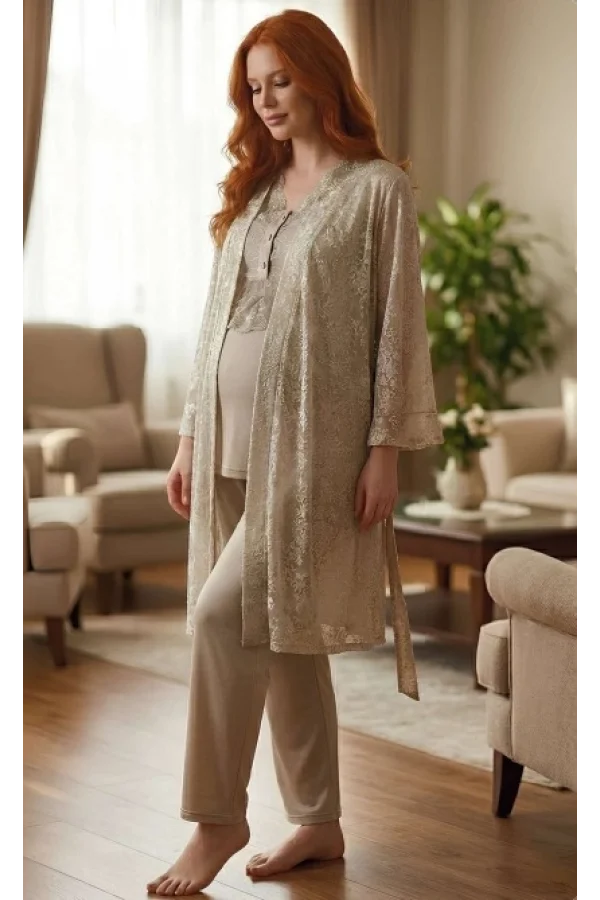 Bone 6201 Kadın Jakar Saten Sabahlıklı Lohusa Pijama Takımı