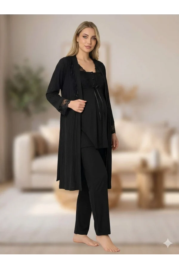 Bone 6205 Kadın 3lü Jakarlı Sabahlıklı Lohusa Pijama Takımı