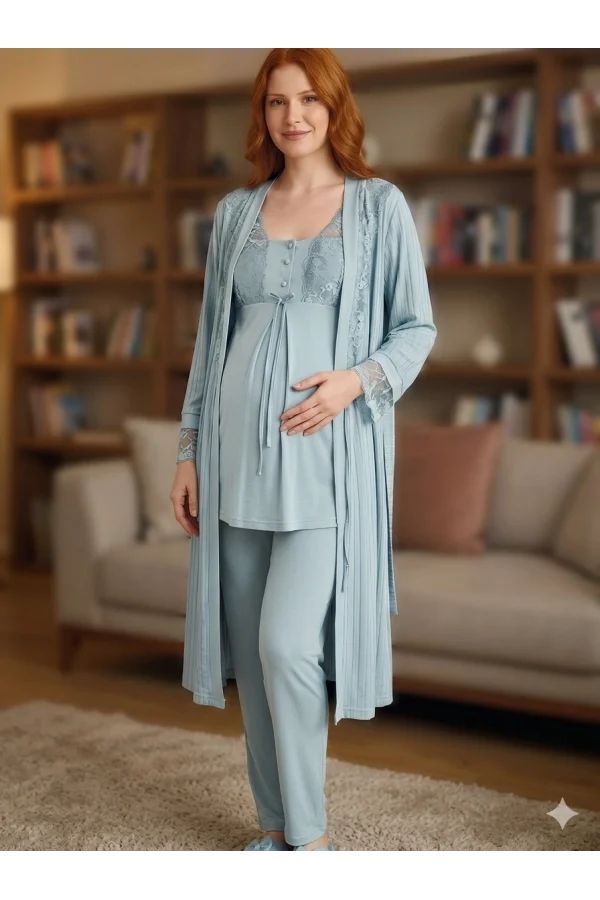 Bone 6205 Kadın 3lü Jakarlı Sabahlıklı Lohusa Pijama Takımı