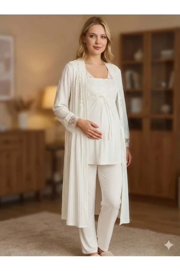 Bone 6205 Kadın 3lü Jakarlı Sabahlıklı Lohusa Pijama Takımı