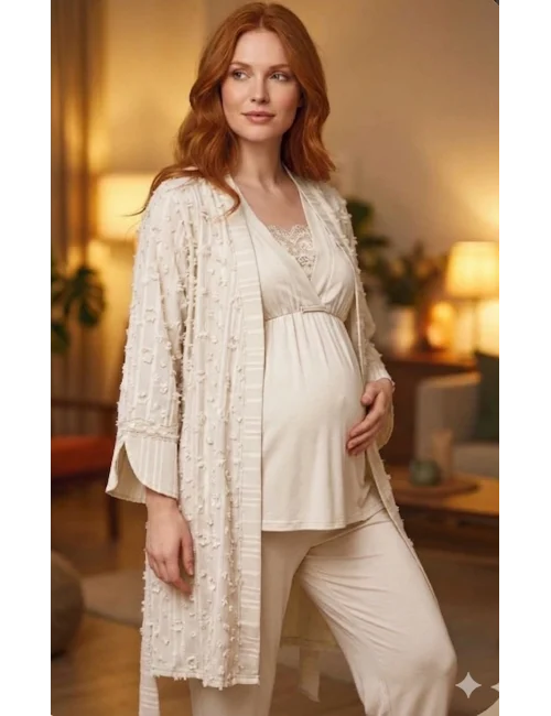 Bone 6209 Kadın 3lü Dokuma Sabahlıklı Lohusa Pijama Takımı