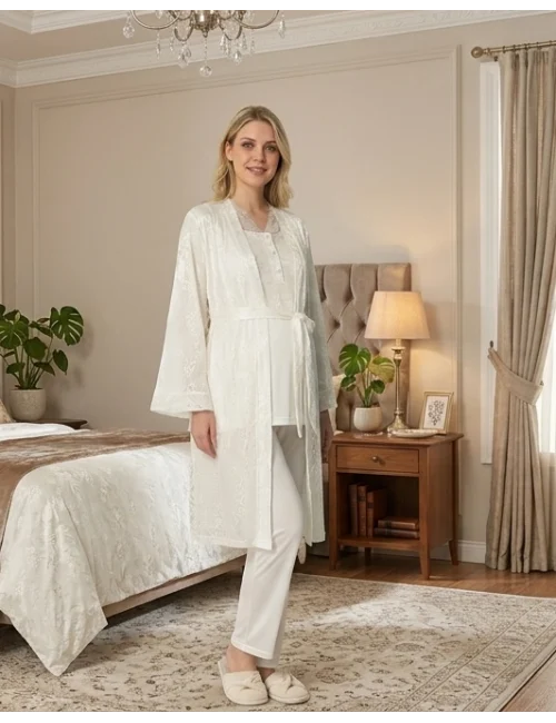 Bone 6201 Kadın Jakar Saten Sabahlıklı Lohusa Pijama Takımı