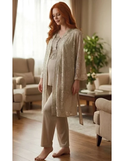 Bone 6201 Kadın Jakar Saten Sabahlıklı Lohusa Pijama Takımı