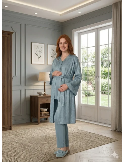 Bone 6201 Kadın Jakar Saten Sabahlıklı Lohusa Pijama Takımı
